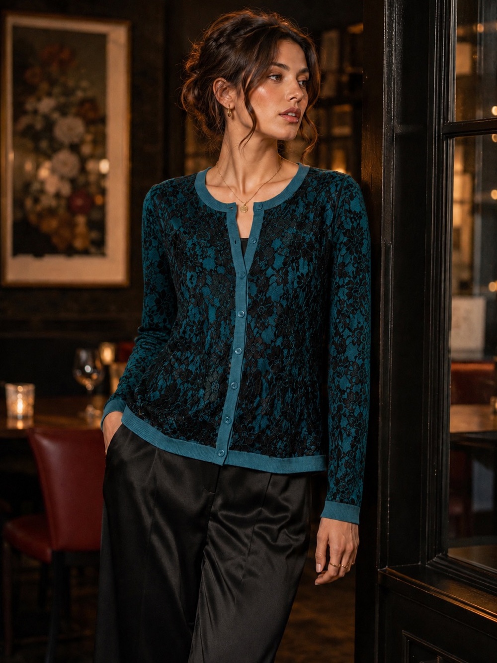 Dana Buchman Floral Lace Cardigan XL Teal Black Sheer Romantic Button Front
